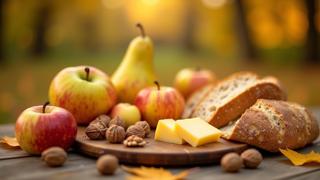 Autumn harvest spread with apples, nuts, aged cheese and crusty bread on picnic table