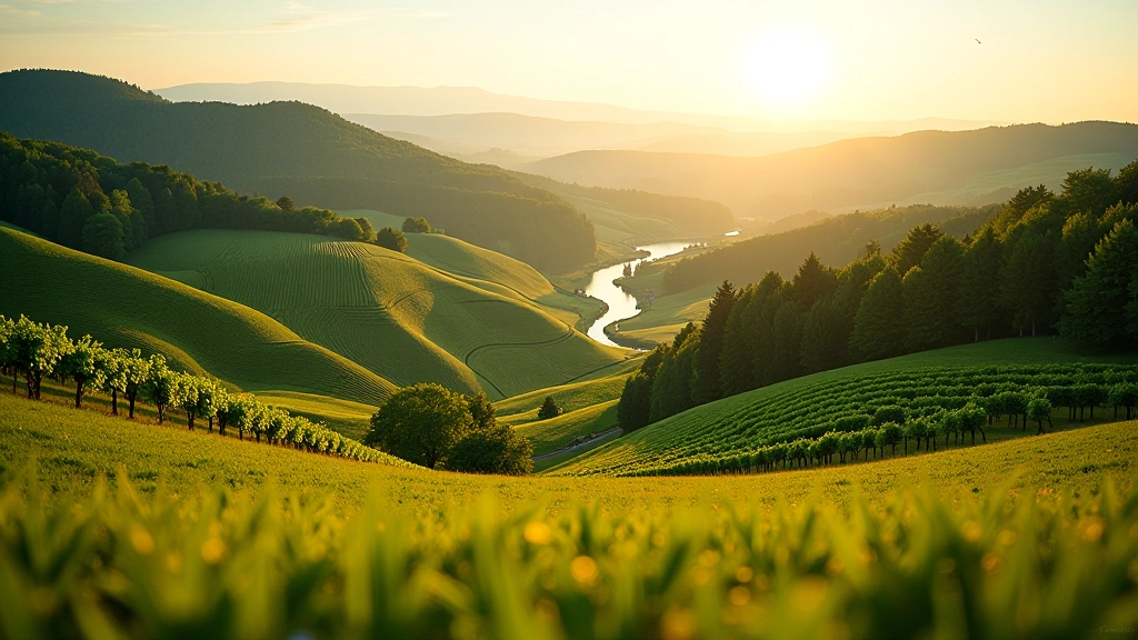 Scenic Czech countryside with vineyard terraces overlooking rolling hills and distant mountains