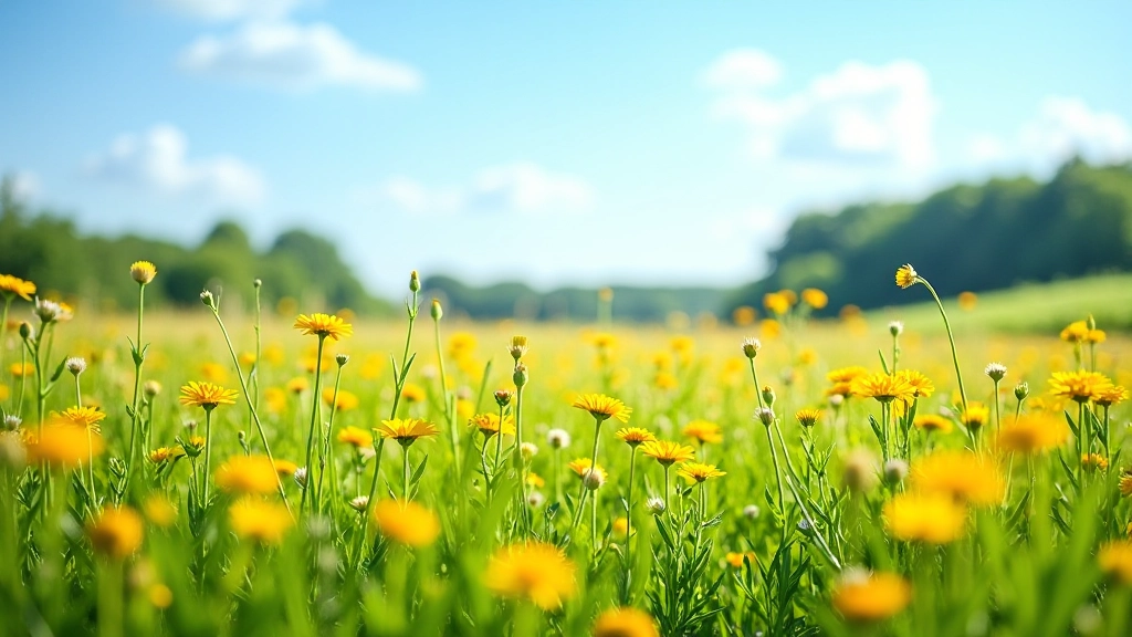 Scenic meadow in Czech countryside with wildflowers blooming under blue sky