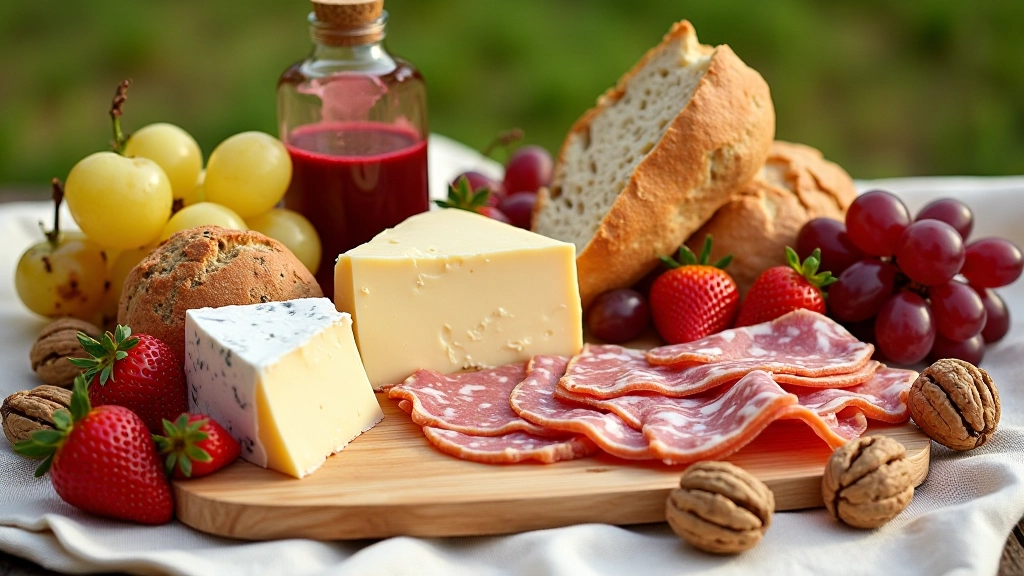 Selection of local Czech cheeses, cured meats, bread, and fresh fruit arranged for outdoor meal