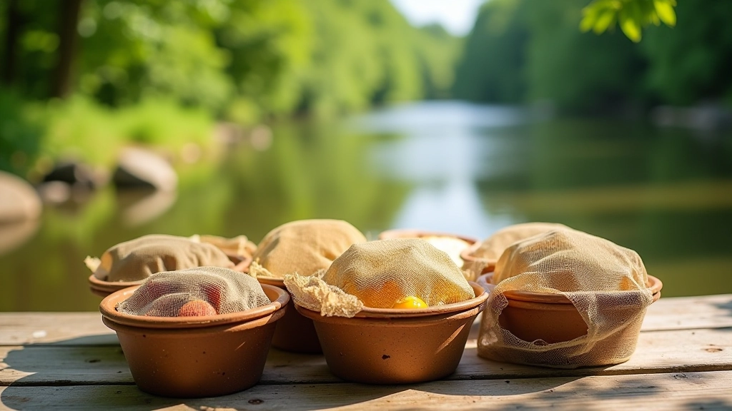 Close-up of riverside food storage with sealed containers and insect-protective mesh cover over prepared dishes