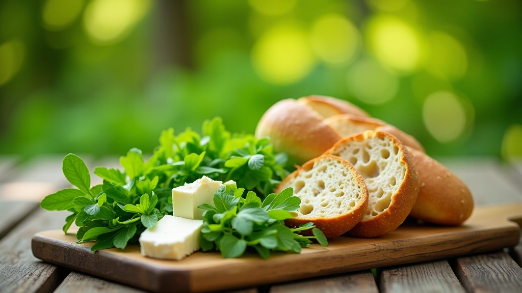 Fresh spring vegetables and herbs arranged on wooden board with cheese and bread