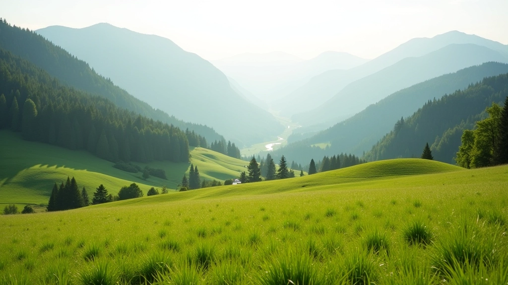 Mountain meadow landscape with evergreen forest in background, misty morning atmosphere, green grass field, distant peaks visible through haze
