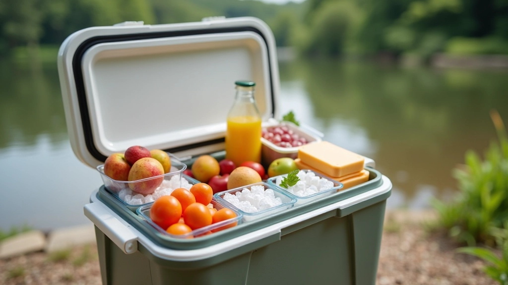 Riverside picnic cooler setup with ice packs and proper food organization, showing layered arrangement of items