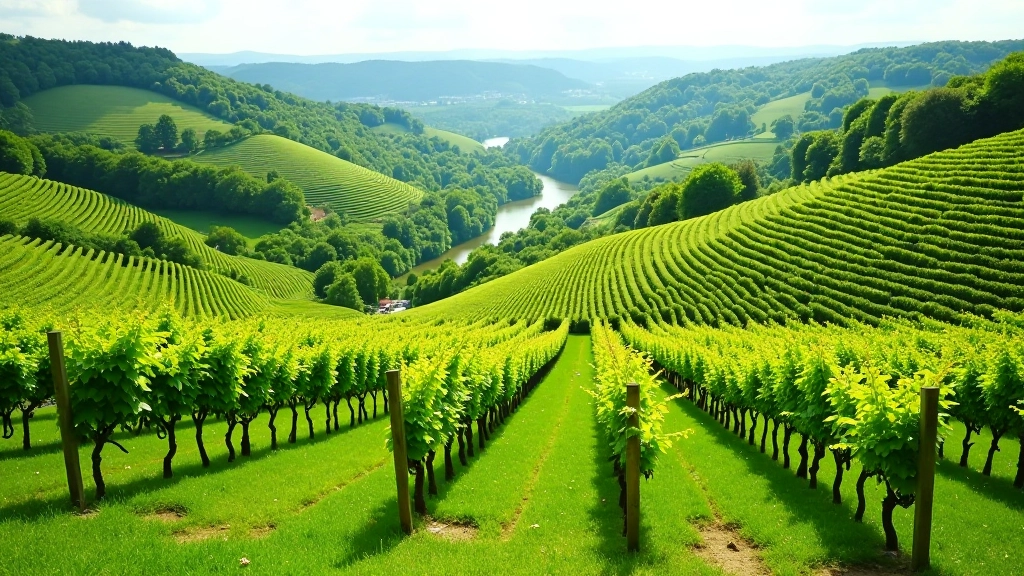 Terraced vineyard landscape with organized rows of grapevines and wooden supports