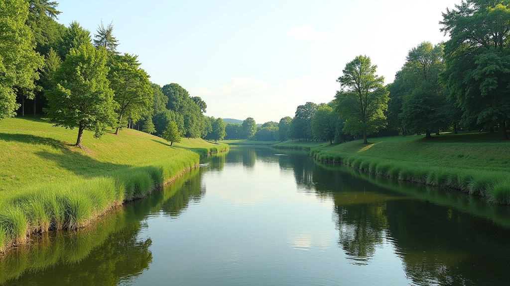 River landscape with calm water and grassy banks suitable for outdoor dining