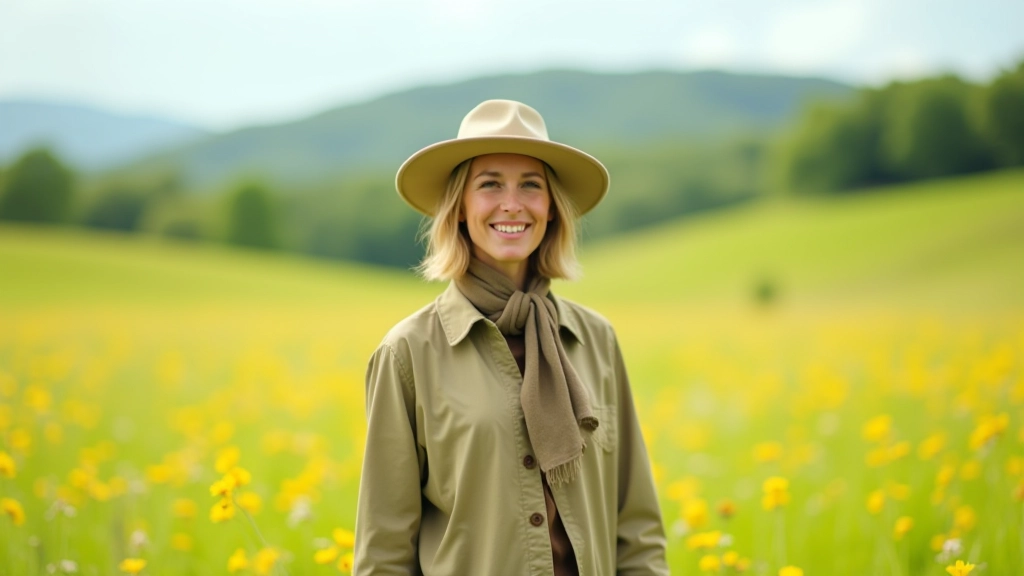 Person standing in peaceful meadow wearing casual outdoor clothing, surrounded by tall grass and wildflowers, bright daylight, open landscape
