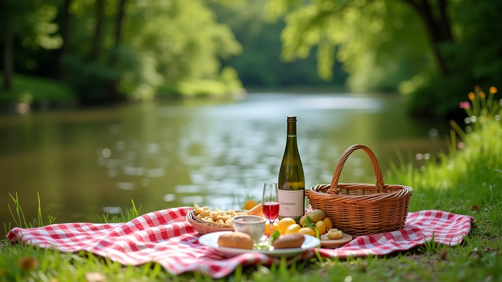 Riverside picnic area with proper setup distance from water, showing blanket and basket positioned safely on firm ground