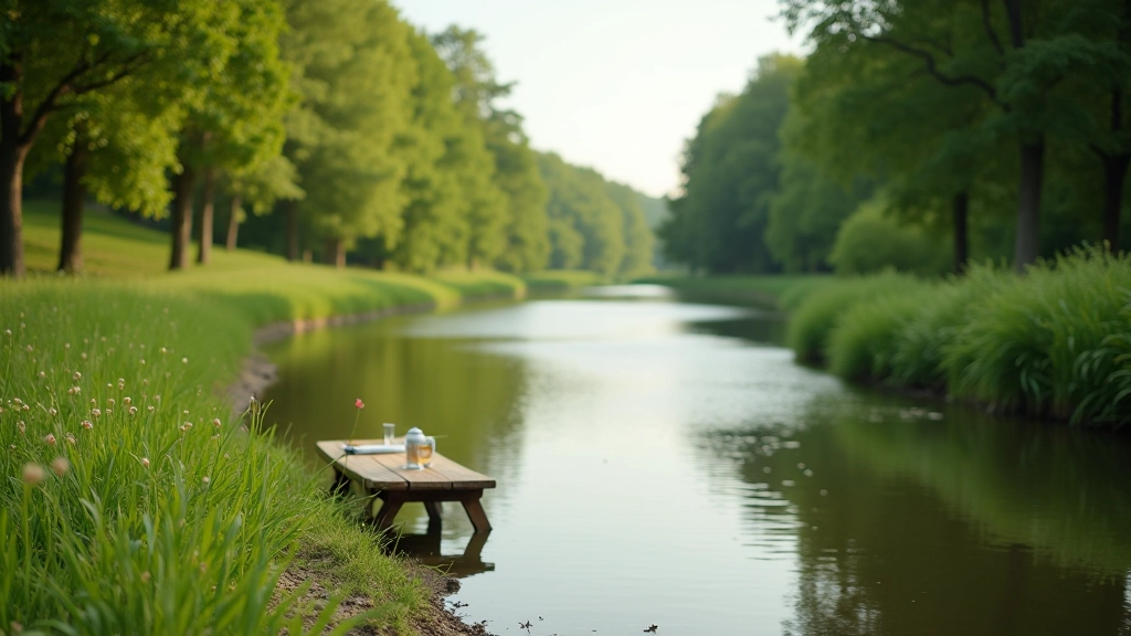 Riverside location with calm water and grassy banks suitable for outdoor meals
