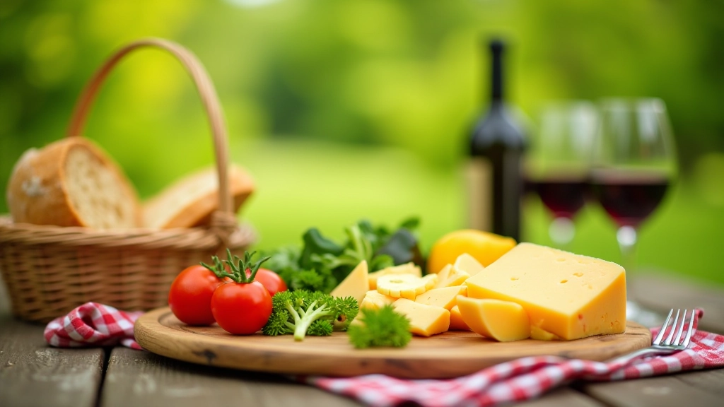 Fresh seasonal vegetables and local cheese arranged on outdoor picnic table