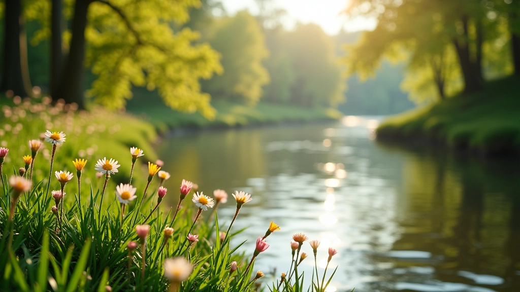 Seasonal riverside landscape showing spring flowers and water conditions specific to April-May riverside picnicking