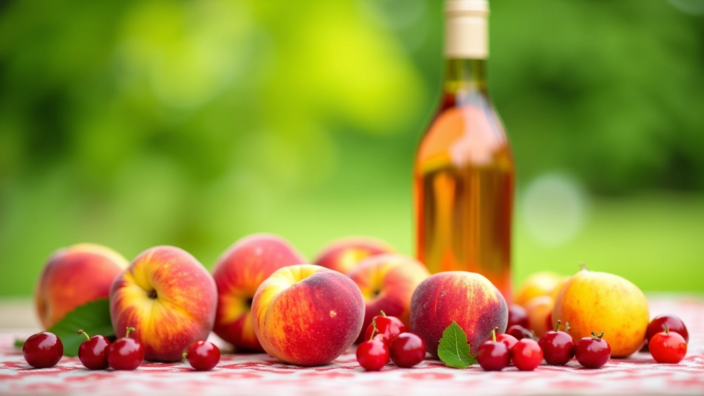 Colorful summer berries and stone fruits displayed with chilled wine on picnic blanket