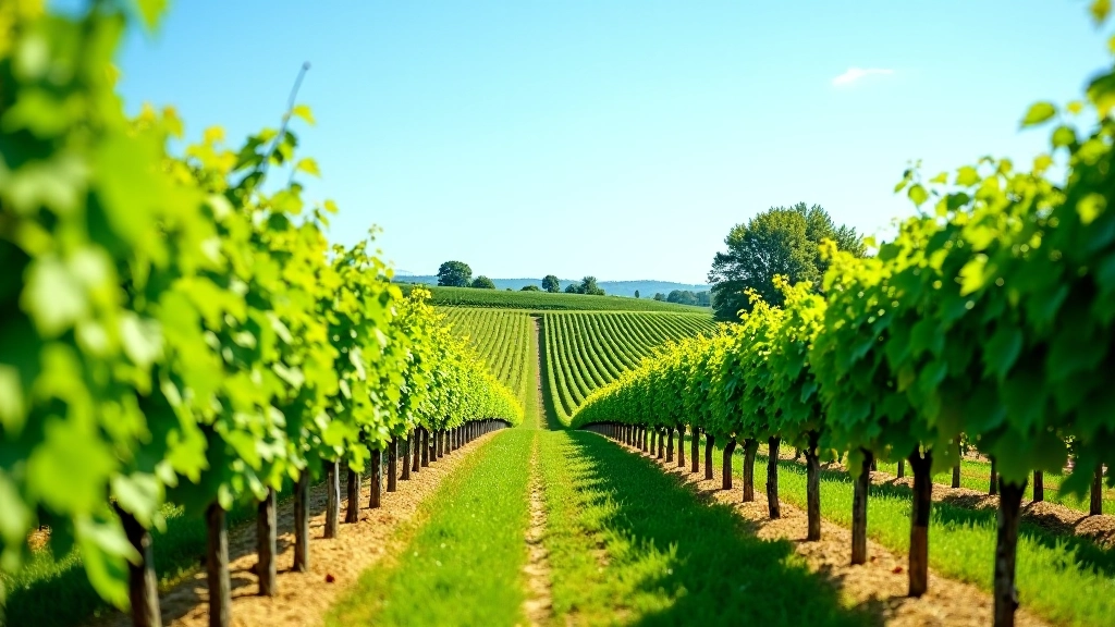 Vineyard landscape in summer with full green foliage and ripe grapevines under blue sky