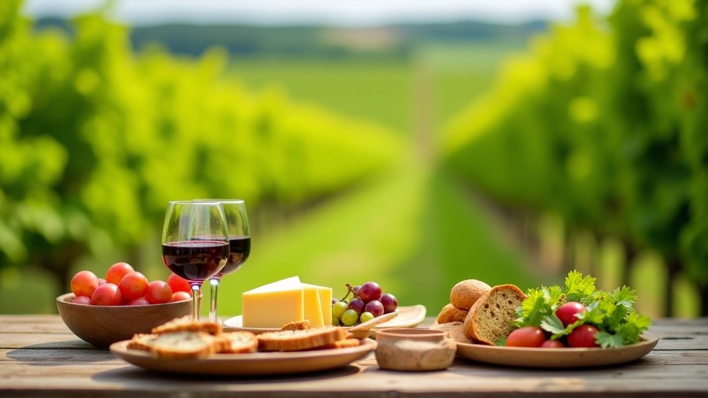 Picnic setup on vineyard terrace with wine glasses, bread, and local cheeses arranged on wooden table