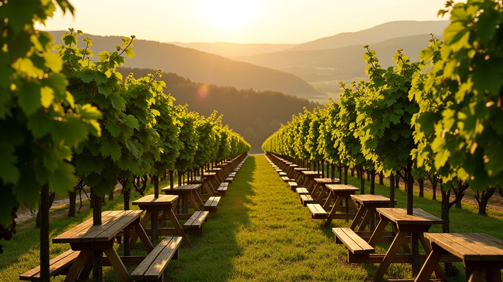 Vineyard terrace with grapevines and tables set up for outdoor dining