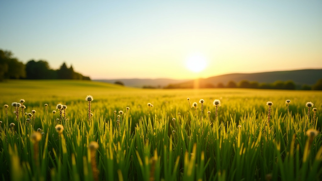 Golden afternoon light across wide Bohemian meadow with distant forest tree line and clear blue sky