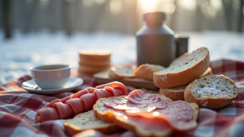 Winter picnic setup with thermos, warm bread, cured meats and hot beverages on snowy blanket